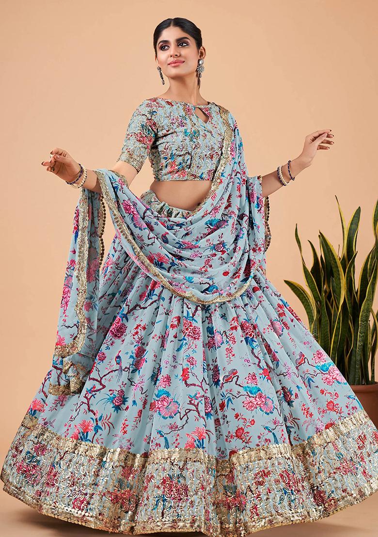 Sky Blue Printed Faux Georgette Lehenga Set