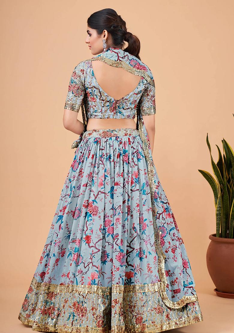 Sky Blue Printed Faux Georgette Lehenga Set