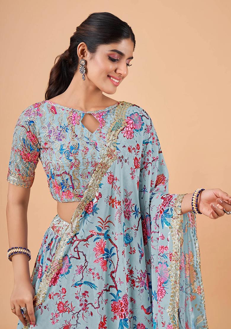 Sky Blue Printed Faux Georgette Lehenga Set