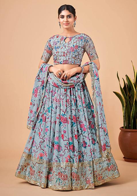 Sky Blue Printed Faux Georgette Lehenga Set