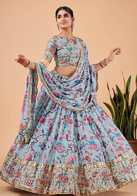 Sky Blue Printed Faux Georgette Lehenga Set