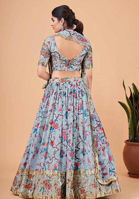 Sky Blue Printed Faux Georgette Lehenga Set