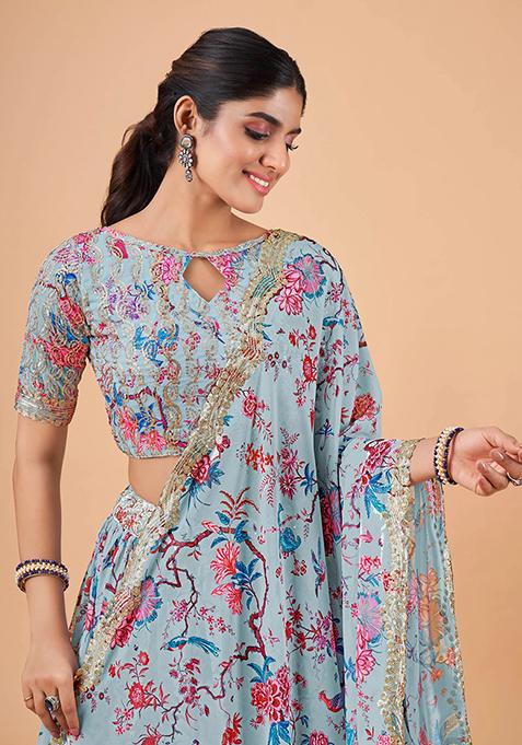 Sky Blue Printed Faux Georgette Lehenga Set