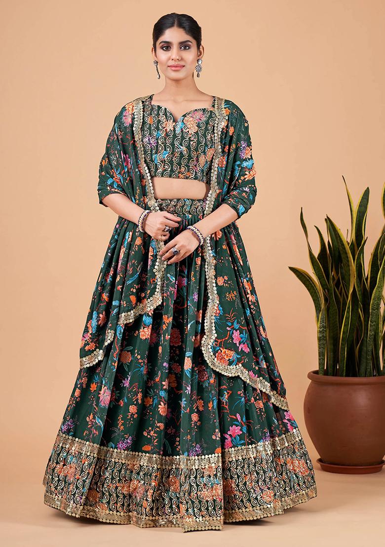 Green Printed Faux Georgette Lehenga Set