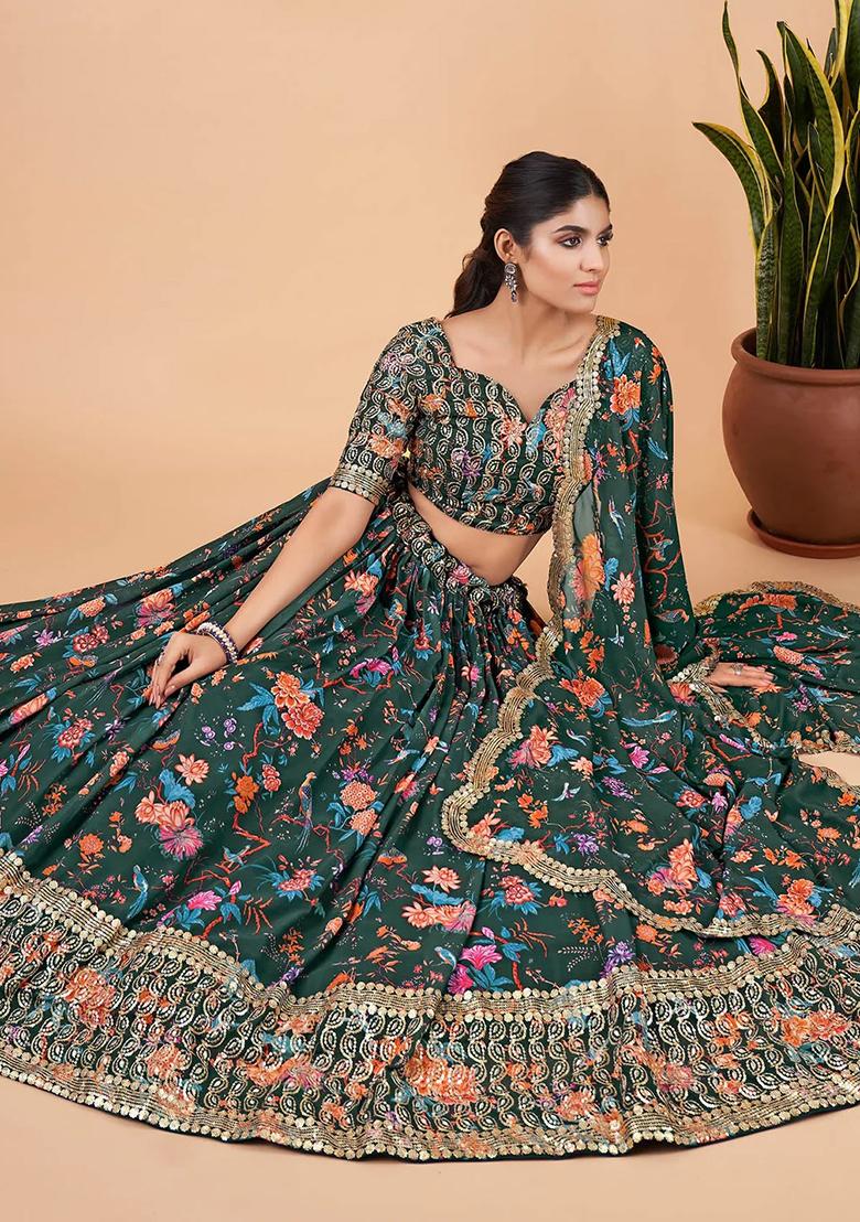Green Printed Faux Georgette Lehenga Set