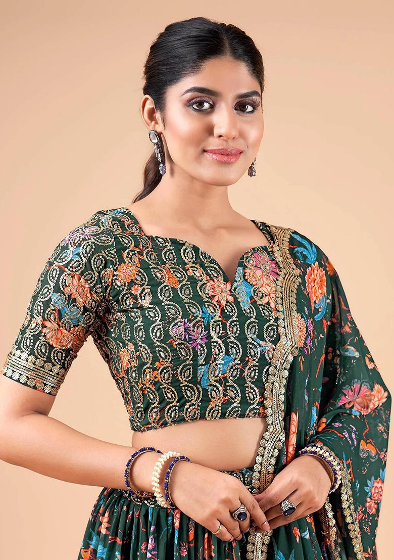 Green Printed Faux Georgette Lehenga Set