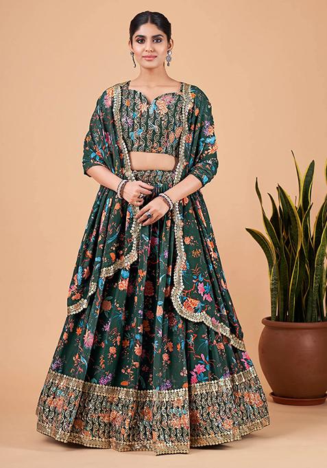 Green Printed Faux Georgette Lehenga Set