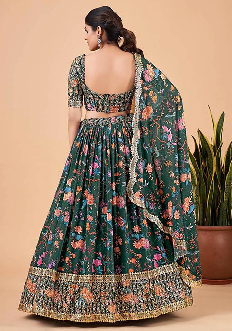 Green Printed Faux Georgette Lehenga Set