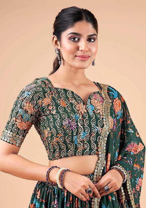 Green Printed Faux Georgette Lehenga Set