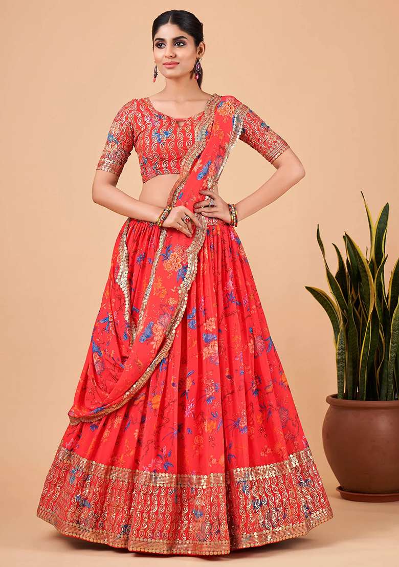Red Faux Georgette Lehenga Set with Printed for Diwali | Wedding & Festive Wear - Indya