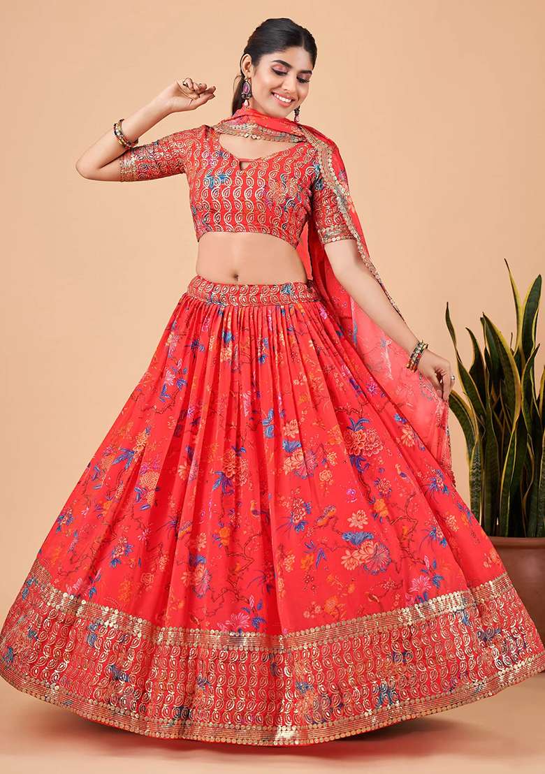 Red Faux Georgette Lehenga Set with Printed for Diwali | Wedding & Festive Wear - Indya