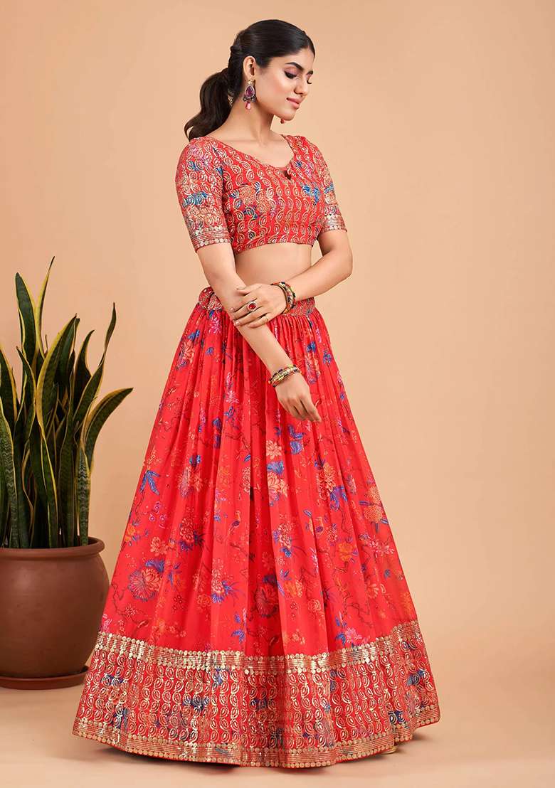Red Faux Georgette Lehenga Set with Printed for Diwali | Wedding & Festive Wear - Indya