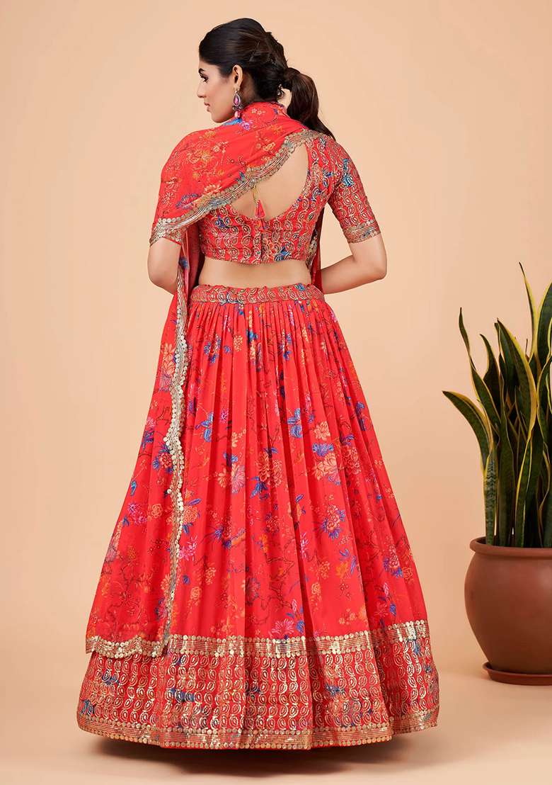 Red Faux Georgette Lehenga Set with Printed for Diwali | Wedding & Festive Wear - Indya