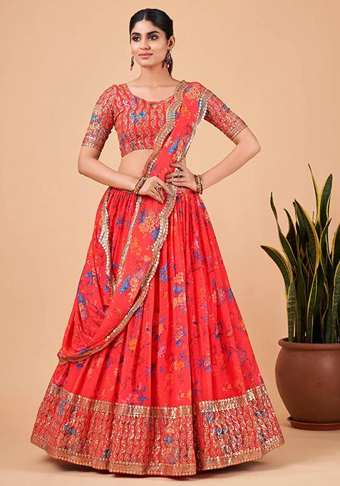 Red Printed Faux Georgette Lehenga Set