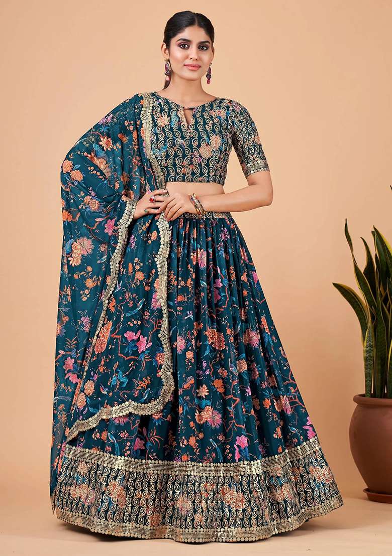 Blue Digital Print Faux Georgette Lehenga Set for Diwali and Festive Wear - Indya