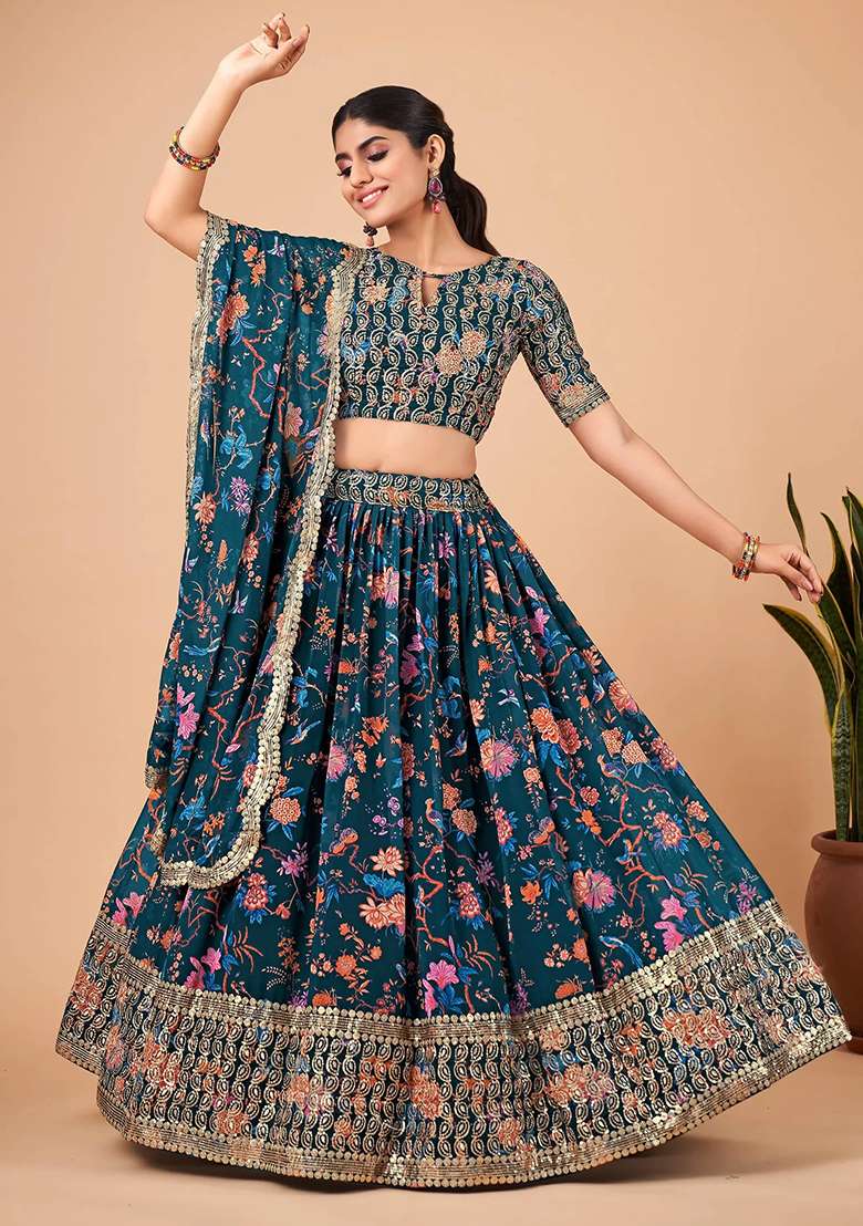 Blue Digital Print Faux Georgette Lehenga Set for Diwali and Festive Wear - Indya