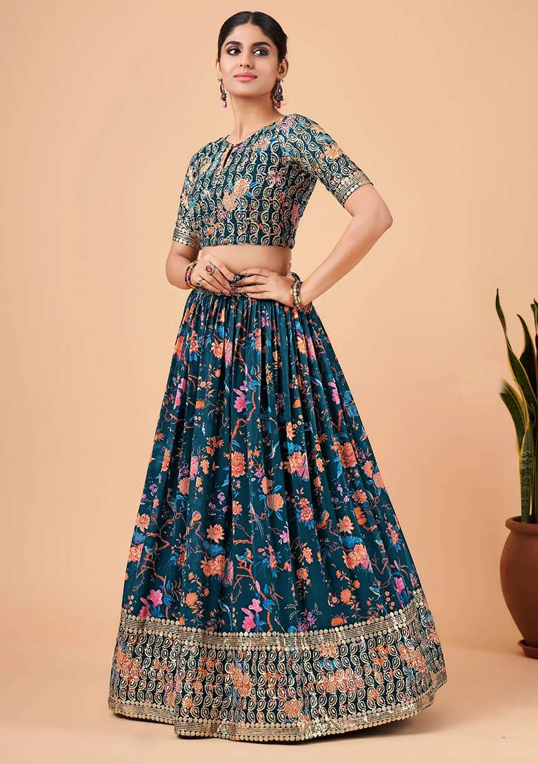 Blue Digital Print Faux Georgette Lehenga Set for Diwali and Festive Wear - Indya
