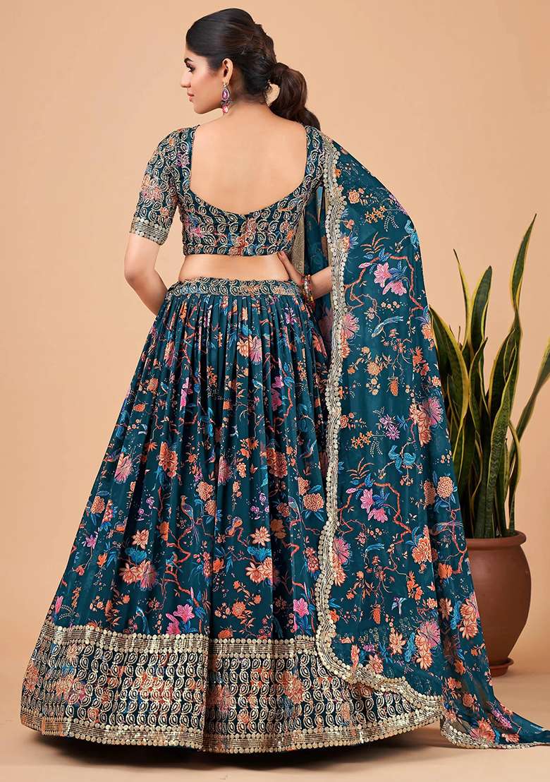 Blue Digital Print Faux Georgette Lehenga Set for Diwali and Festive Wear - Indya