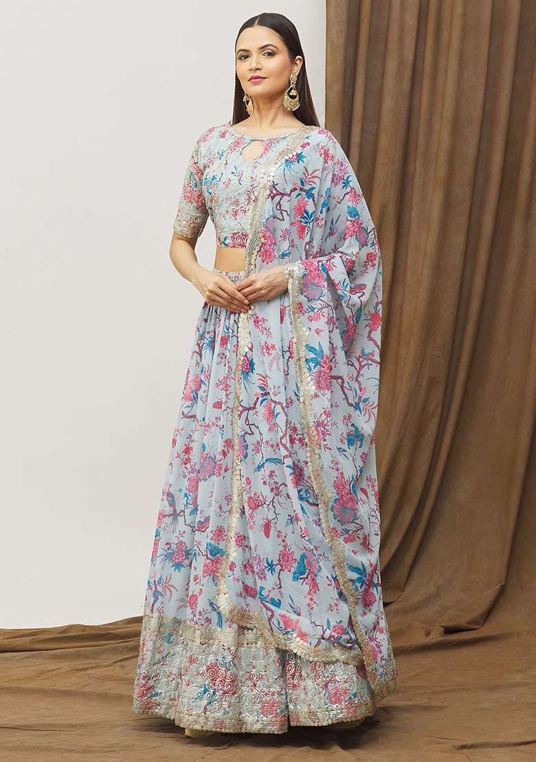 Sky Blue Faux Georgette Lehenga Set with Digital Print for Diwali | Wedding & Festive Wear - Indya