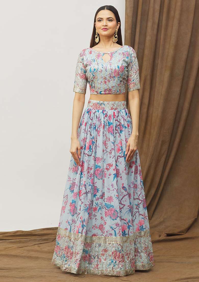 Sky Blue Faux Georgette Lehenga Set with Digital Print for Diwali | Wedding & Festive Wear - Indya