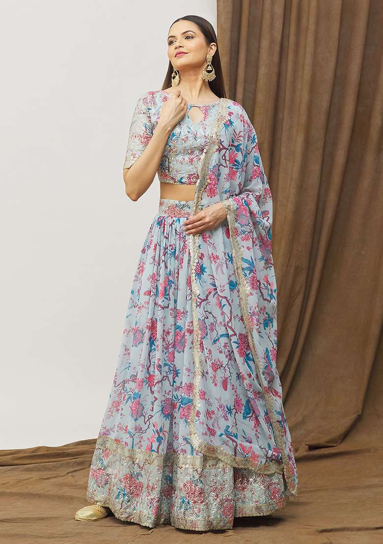 Sky Blue Faux Georgette Lehenga Set with Digital Print for Diwali | Wedding & Festive Wear - Indya