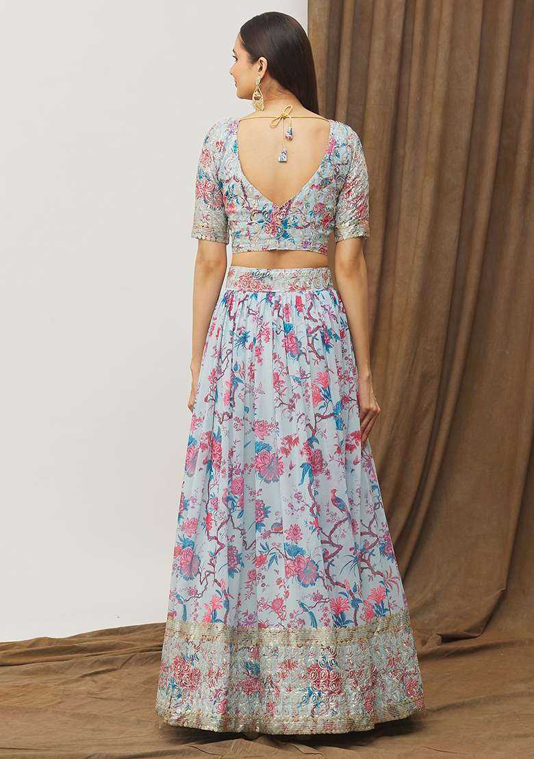 Sky Blue Faux Georgette Lehenga Set with Digital Print for Diwali | Wedding & Festive Wear - Indya