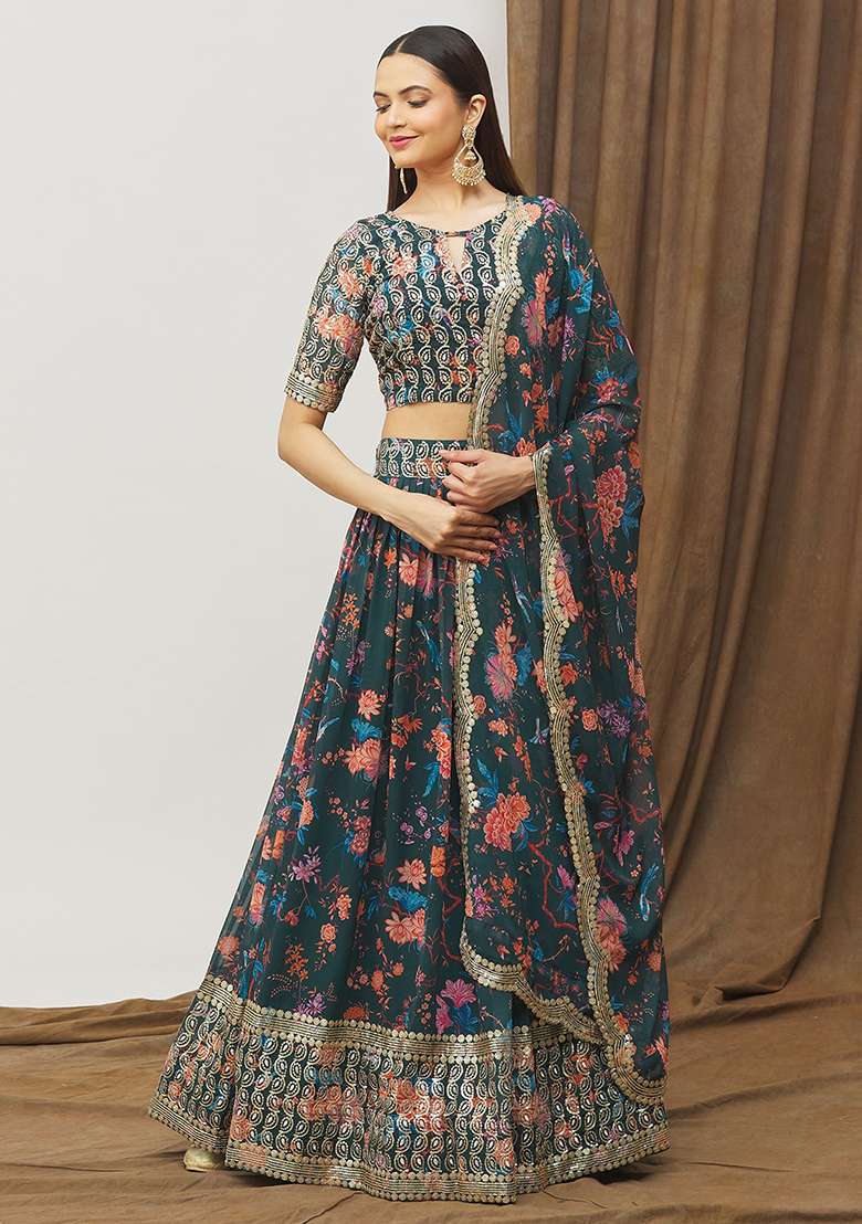 Green Faux Georgette Lehenga Set with Digital Print for Diwali | Wedding & Festive Wear - Indya