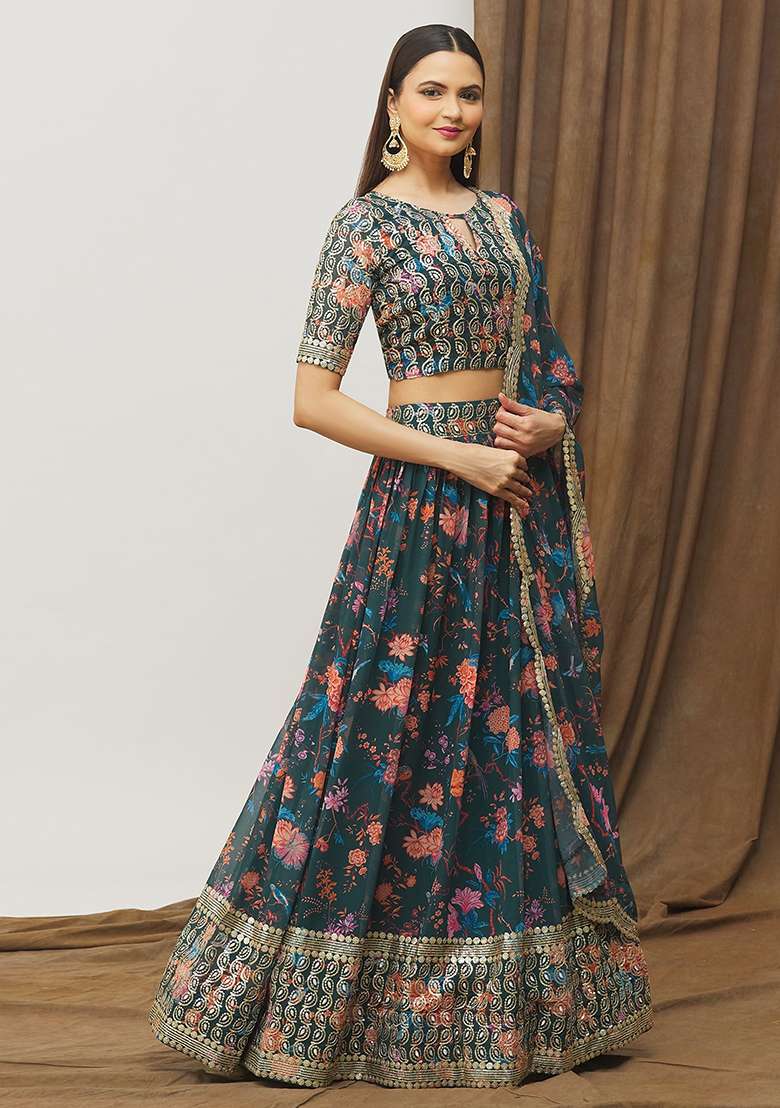 Green Faux Georgette Lehenga Set with Digital Print for Diwali | Wedding & Festive Wear - Indya