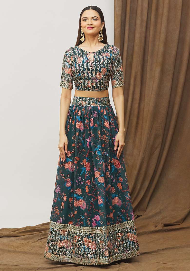 Green Faux Georgette Lehenga Set with Digital Print for Diwali | Wedding & Festive Wear - Indya