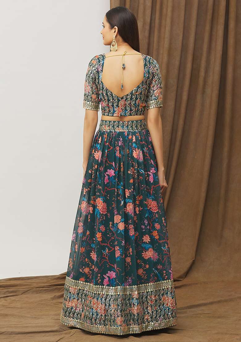 Green Faux Georgette Lehenga Set with Digital Print for Diwali | Wedding & Festive Wear - Indya