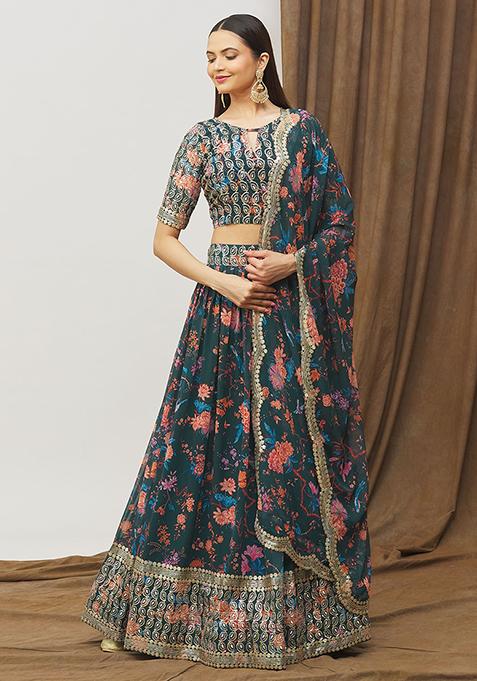 Green Digital Print Faux Georgette Lehenga Set