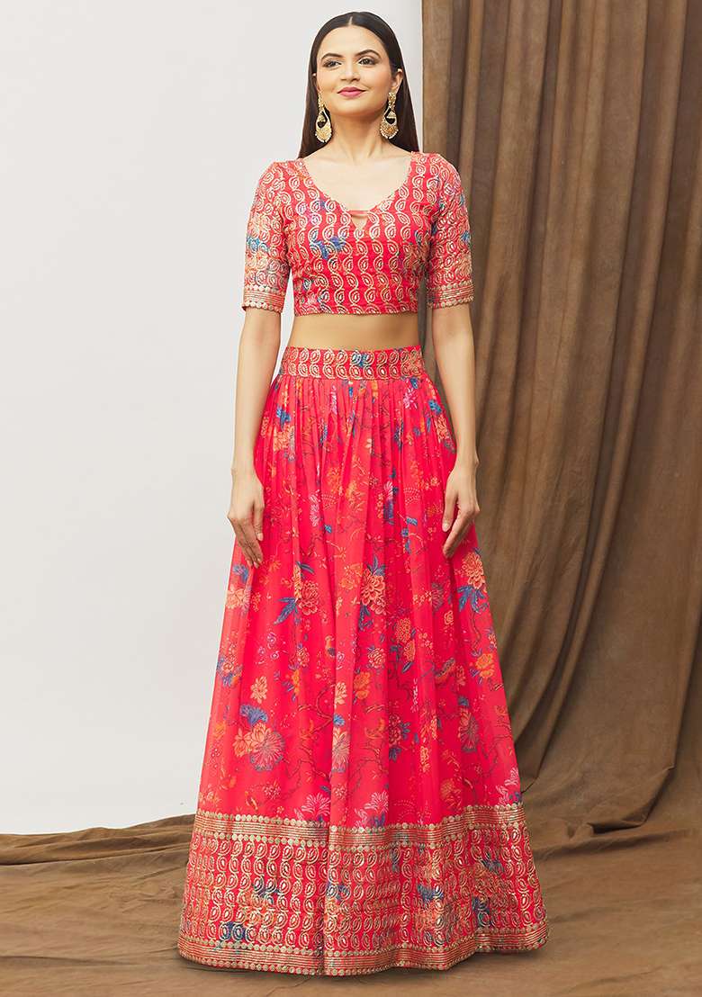 Red Digital Print Faux Georgette Lehenga Set for Diwali and Festive Wear - Indya