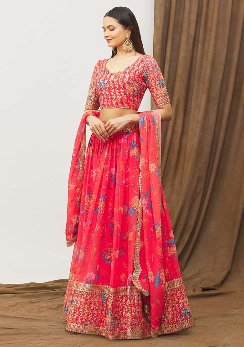 Red Digital Print Faux Georgette Lehenga Set for Diwali and Festive Wear - Indya