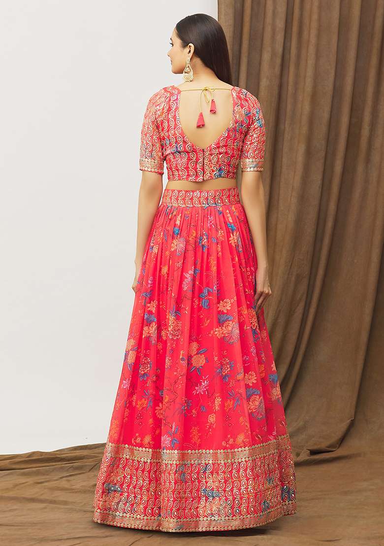 Red Digital Print Faux Georgette Lehenga Set for Diwali and Festive Wear - Indya