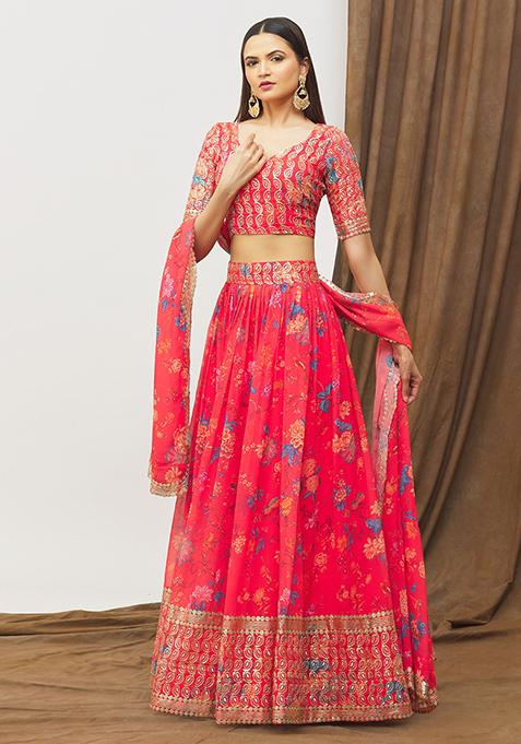 Red Digital Print Faux Georgette Lehenga Set