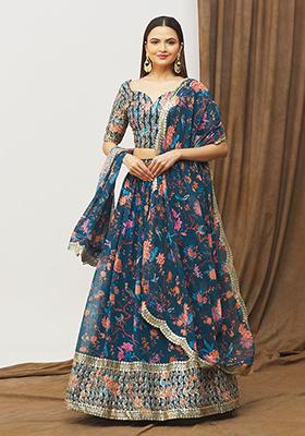 Blue Printed Satin Silk Lehenga Set