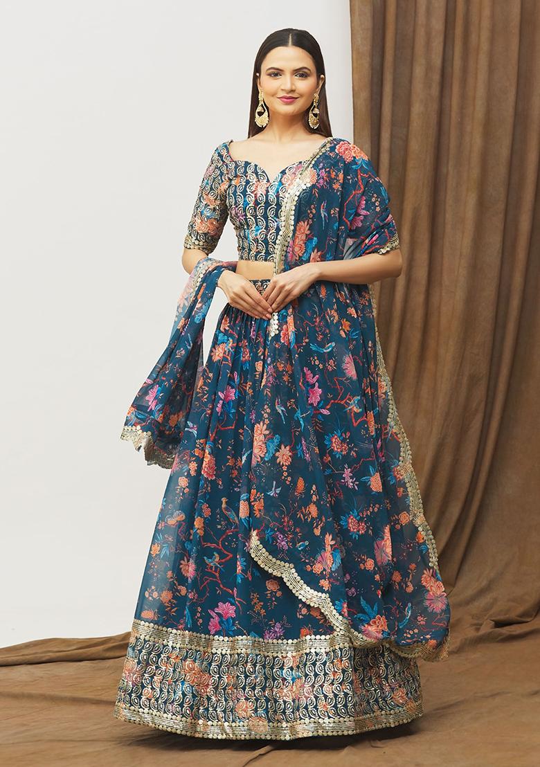 Blue Printed Satin Silk Lehenga Set