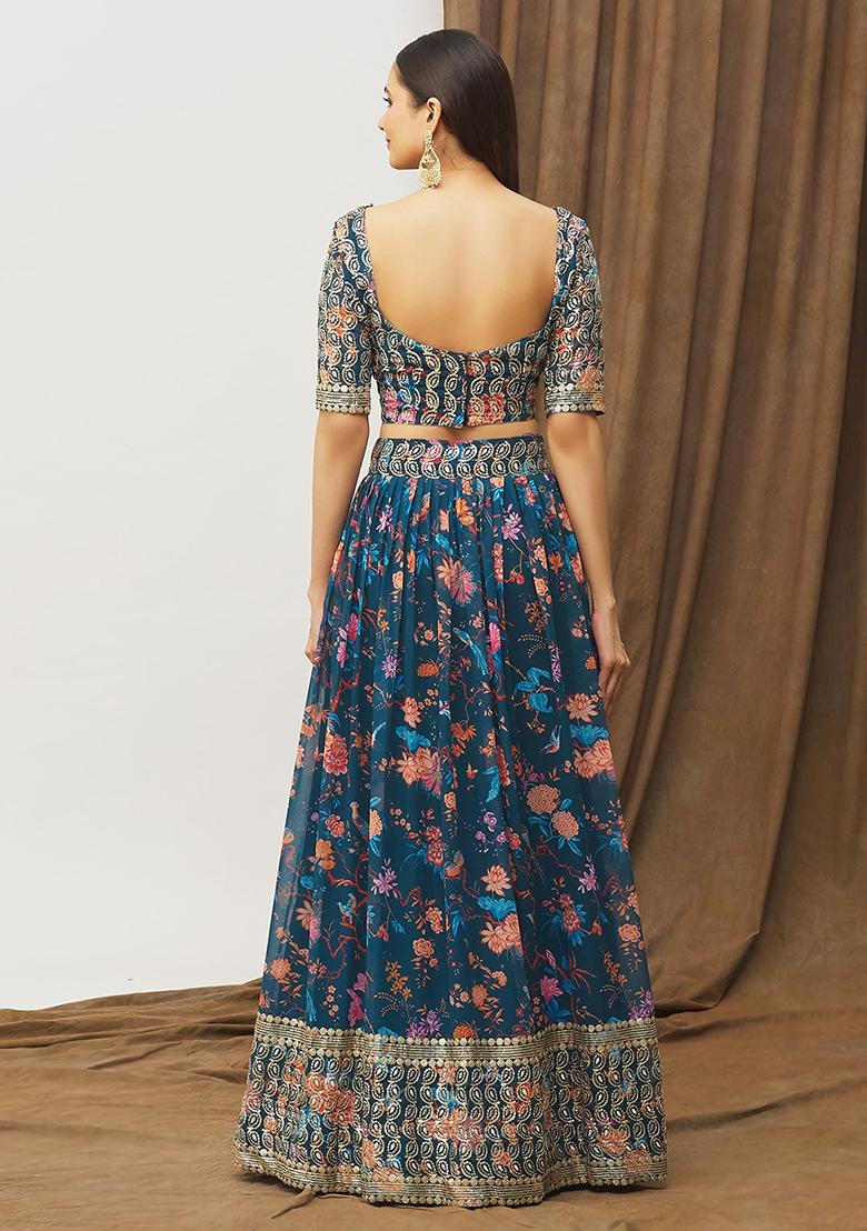 Blue Printed Satin Silk Lehenga Set