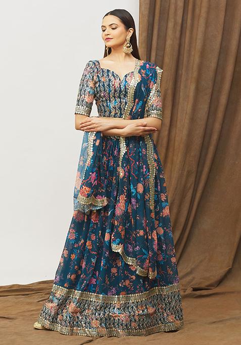 Blue Printed Satin Silk Lehenga Set