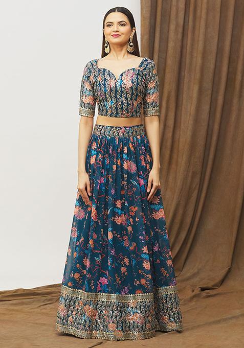 Blue Printed Satin Silk Lehenga Set