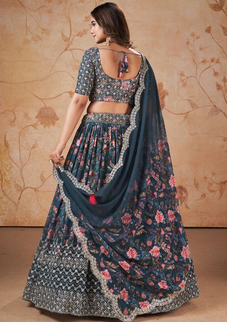Blue Printed Satin Lehenga Set