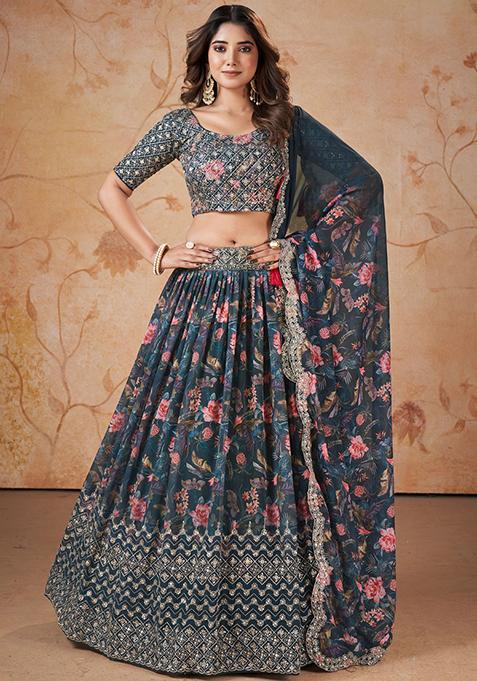 Blue Printed Satin Lehenga Set