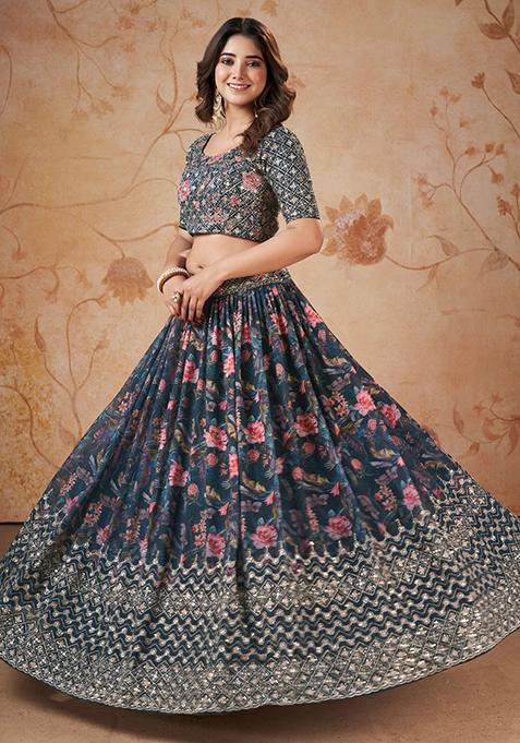 Blue Printed Satin Lehenga Set