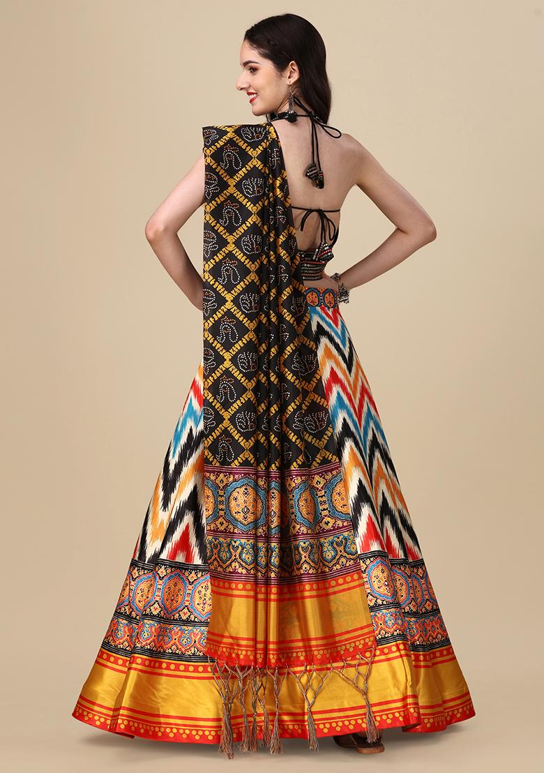 Black Printed Silk Lehenga Set