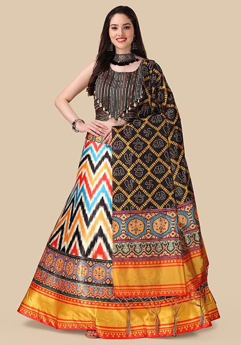 Black Printed Silk Lehenga Set