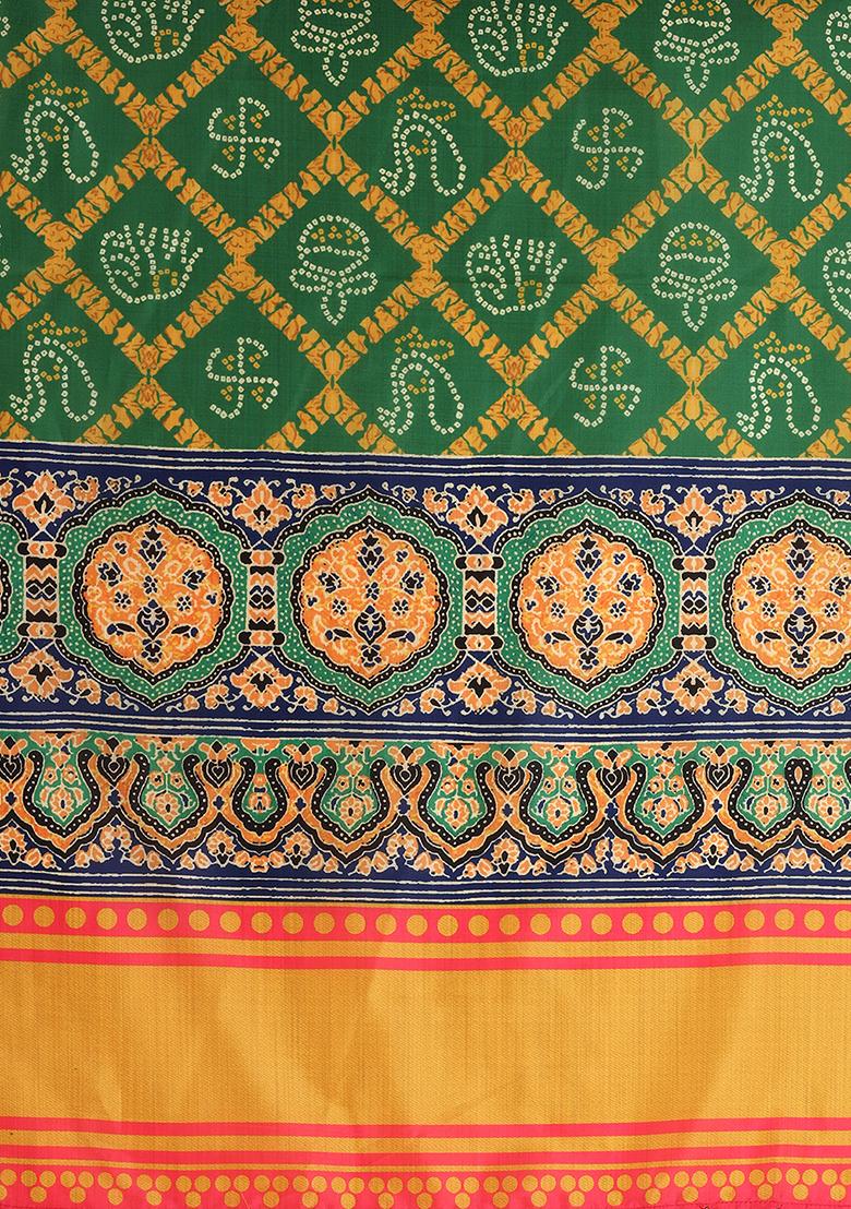 Green Printed Satin Lehenga Set