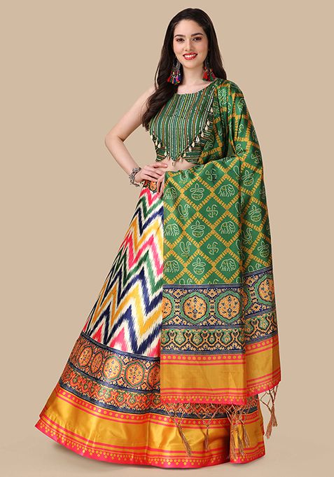 Green Printed Satin Lehenga Set