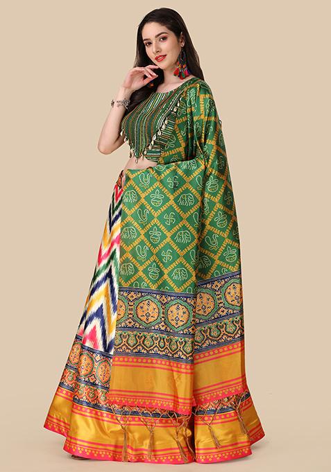 Green Printed Satin Lehenga Set