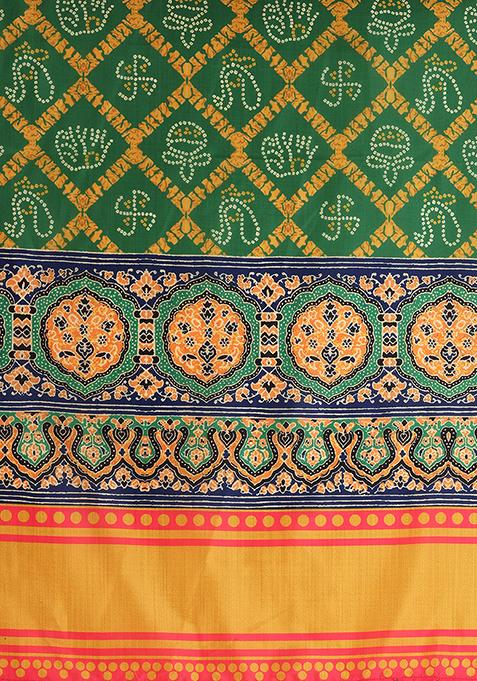 Green Printed Satin Lehenga Set