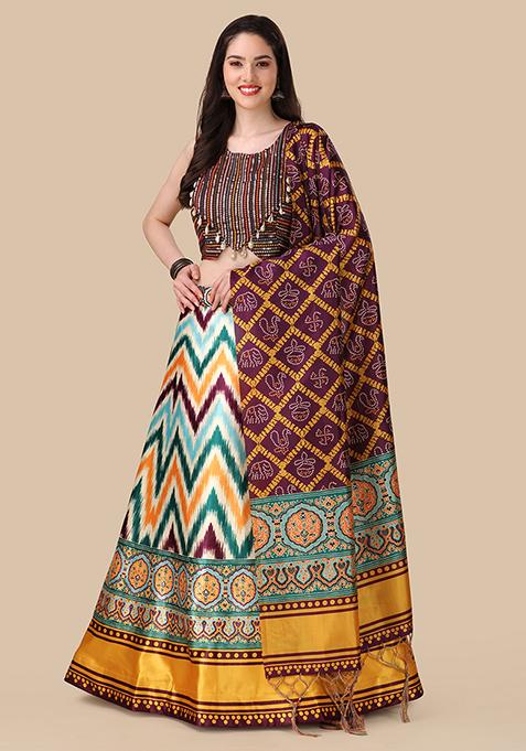 Maroon Printed Satin Lehenga Set